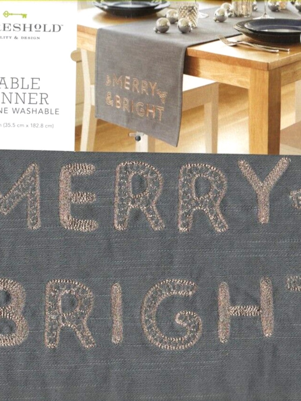 Threshold Gray Gold Merry & Bright Christmas Embroidered Table Runner 72" NEW